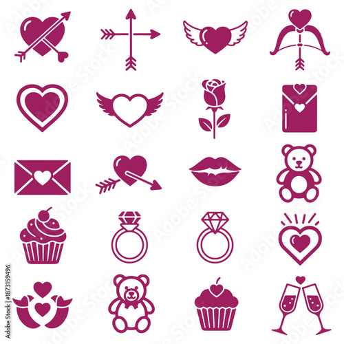 Collection of romantic icons featuring hearts cupcakes teddy bears and engagement rings isolated on a transparent background