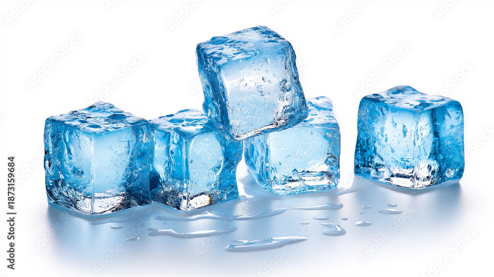 Obraz premium Crystal-clear ice cubes artfully stacked on a bright, reflective white surface,blue tint and contain delicate internal air bubbles,coldness, purity.