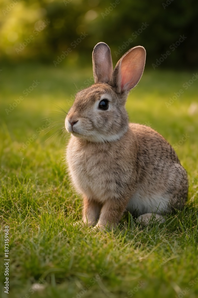 Fototapeta premium Rabbit Sitting on Green Grass Outdoors