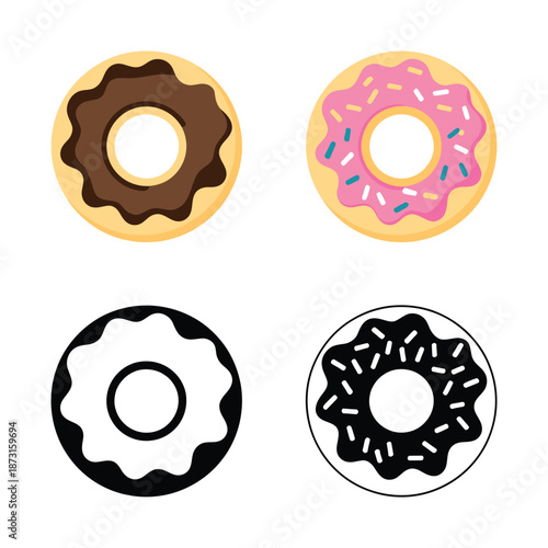Colorful vector donuts with various toppings displayed in a clean style.