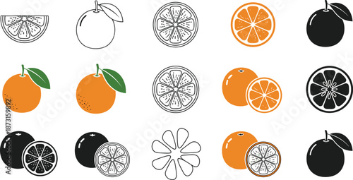 Orange Fruit Vector Icon Set, Citrus Slice Graphic Collection, Fresh Tangerine Illustration, Healthy Vitamin Food Symbols, Tropical Organic Fruit Branding Elements