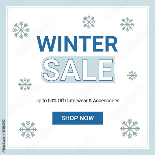 Winter Sale Advertisement with Snowflakes and Discount Offer.