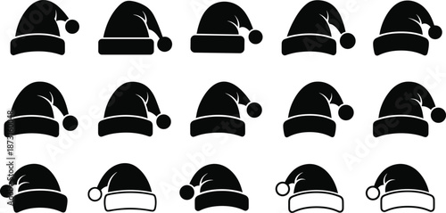 Santa Claus Hat Silhouette Icon Set, Christmas Holiday Headwear Vector Illustration, Winter Festive Cap Graphics, Xmas Celebration Clothing Design Elements,