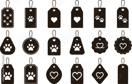 Pet Shop Hang Tag Icon Set, Animal Paw Print Label Vector, Heart Shape Gift Tag Collection, Puppy Kitten Price Labels,