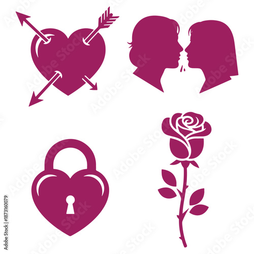 Collection of romantic icons including heart with arrows kissing couple padlock and rose isolated on transparent background