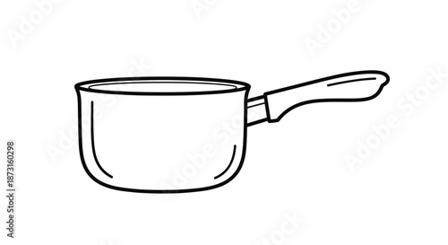 A simple black and white line art drawing of a small saucepan with a handle perfect for a kitchen or cooking icon.