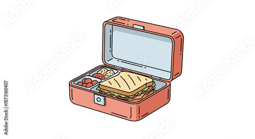 A healthy school lunch packed in a pink bento box with a sandwich and snacks illustrated in a cute cartoon line art style.