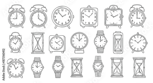 A large collection of various timepieces in a black and white sketch style including alarm clocks watches and hourglasses.