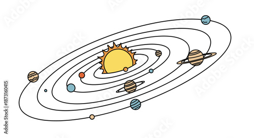 A simple and colorful cartoon illustration of our solar system with the sun and all the planets orbiting around it.