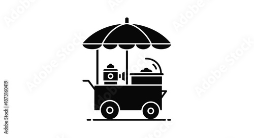 A simple black silhouette icon of a street food cart with a large umbrella for selling snacks and drinks in the city.