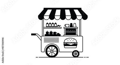 Black and white line art illustration of a street food cart with a striped awning selling hamburgers and other snacks.