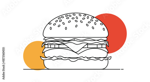 Minimalist line art illustration of a large cheeseburger with sesame seeds and abstract colorful circles in the background.