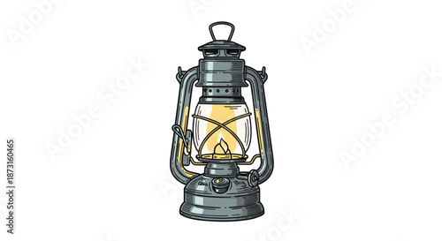 Vintage kerosene lantern with a glowing flame illustrated in a colorful detailed hand-drawn retro woodcut style object.