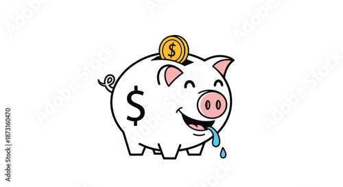Cute cartoon piggy bank character with a drooling mouth gets a gold dollar coin dropped into its slot for savings.