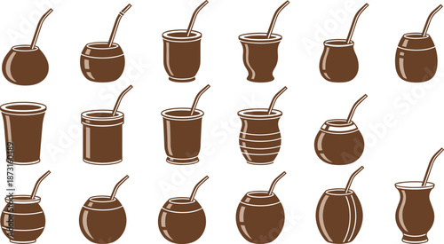 Set of brown yerba mate gourds and bombilla straws icons, traditional South American herbal tea drink equipment illustrations on white background