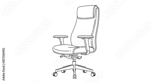 Detailed black and white line art illustration of a modern ergonomic office chair with wheels and adjustable armrests.