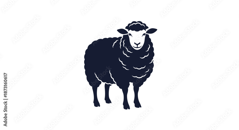Obraz premium A simple and elegant black silhouette logo of a fluffy sheep standing and looking forward isolated on a white background.