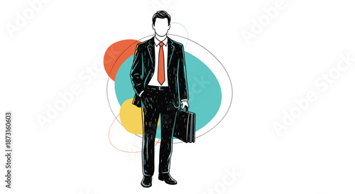 A hand-drawn sketch of a businessman in a suit holding a briefcase with colorful abstract shapes in the background.
