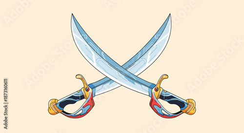 Two crossed fantasy pirate scimitar swords with ornate golden hilts illustrated in a detailed colorful cartoon game style.