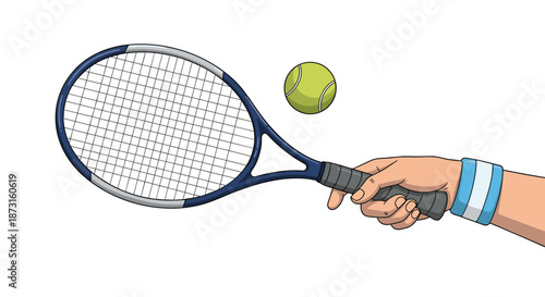 A colorful cartoon illustration of a hand wearing a wristband holding a tennis racket and hitting a bright yellow ball.