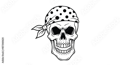 A menacing human skull wearing a polka dot bandana illustrated in a detailed black and white line art tattoo style.