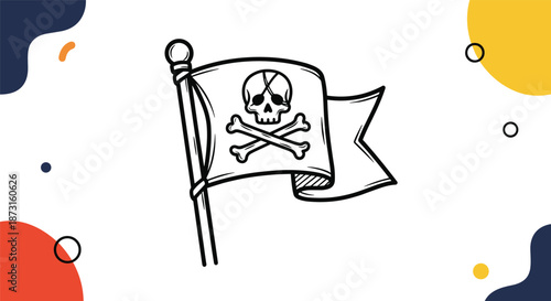 A hand-drawn pirate Jolly Roger flag with a skull and crossbones on a pole with abstract colorful shapes in background.