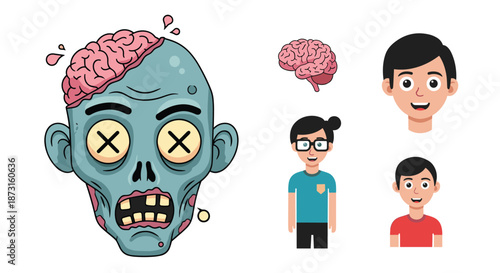 A collection of cartoon character assets including a zombie head a brain and three different human avatars for design.