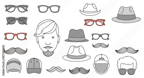 A collection of hipster fashion accessories including glasses hats mustaches and hairstyles in a minimalist line art style.