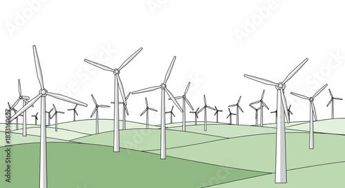 A hand-drawn sketch illustration of a wind farm with many wind turbines on a green field for renewable energy concept.