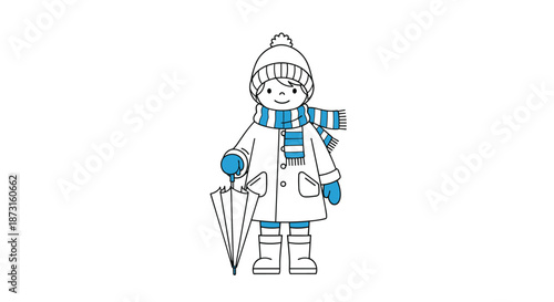 A cute cartoon girl dressed in a winter coat scarf and hat holding an umbrella in a simple coloring book style.