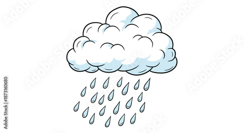 A fluffy cartoon cloud with falling raindrops in a simple and cute hand-drawn illustration style for weather forecasts.