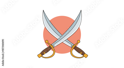 Two crossed pirate cutlass swords with golden hilts illustrated in a colorful cartoon style on a red circle background.