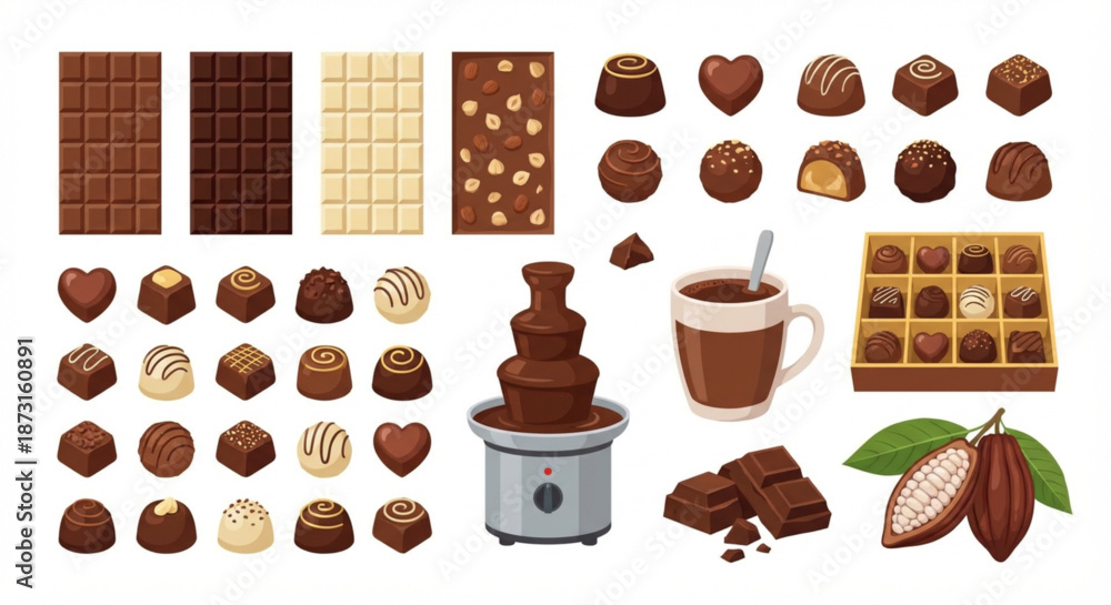 Fototapeta premium A delectable assortment of chocolates, from rich dark bars to creamy white varieties, accompanied by a steaming mug and a chocolate fountain, perfect for any sweet connoisseur