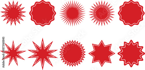 Vector set of various decorative red starburst shapes and seals for design projects