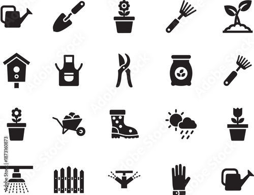 Gardening and Horticulture Silhouette icon collection. Includes Silhouette symbols wheelbarrow, watering can, glove, sprout, shears and more. Isolated icons. Gardening icon set. Minimalist icons pack.