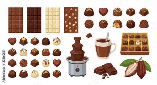 A delectable assortment of chocolates, from rich dark bars to creamy white varieties, accompanied by a steaming mug and a chocolate fountain, perfect for any sweet connoisseur