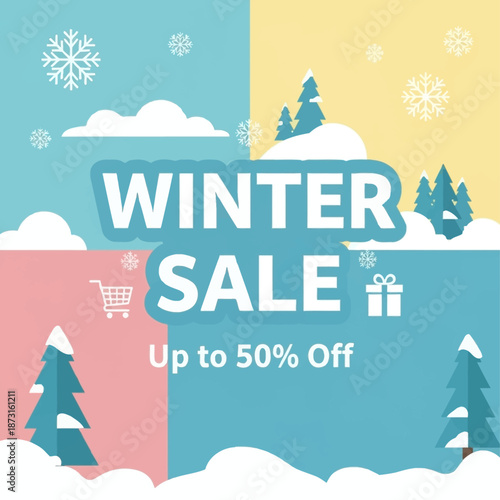 Winter Sale Banner with Snowy Landscape and Shopping Cart.