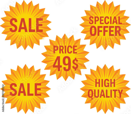 Special offer and sale tags for discounts and price reductions