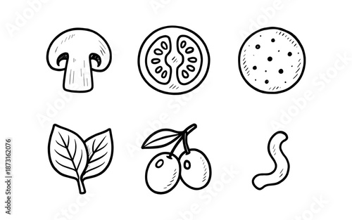 Hand-drawn pizza ingredients icons on a white background, simple line art