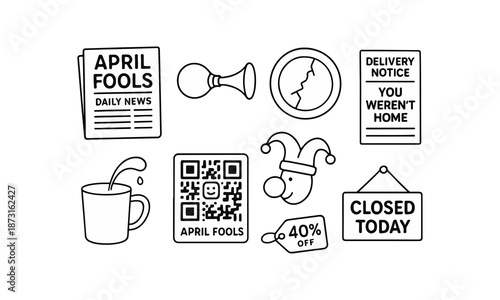 A collection of playful line art icons representing classic april fools' day pranks and lighthearted hoaxes