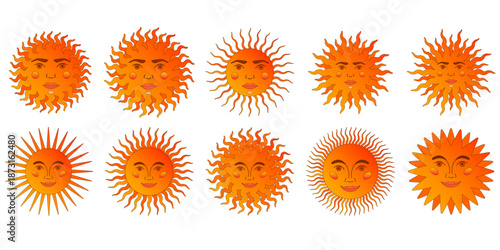 Funny Folkloric Sun Icon Set. Solar Character Face Element Collection. Celestial Gradient Colored decorative element with Outline. Sun with Ray Isolated Icon Bundle. 