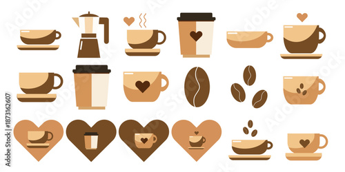 Coffee Cafe Decoration Element Set. Flat Design Coffee Cup and bean. Hot Popular Modern Drink Theme. 
