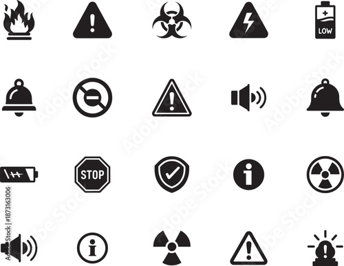 Hazard and Warning Silhouette icon collection. Includes Silhouette symbols stop, radiation, fire, biohazard, voltage and more. Isolated icons. Warning icon set. Minimalist icons pack.