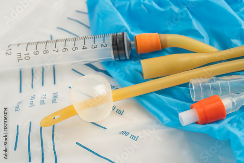 Foley catheter and urine drainage bag collect urine for disability or patient in hospital.