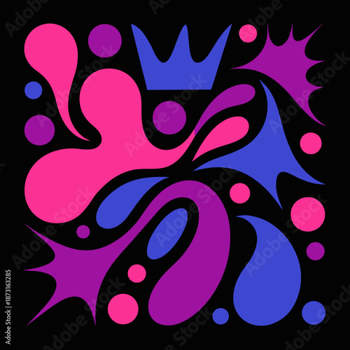 Creating a modern flat vector t-shirt design featuring a crown and abstract shapes in vibrant colors