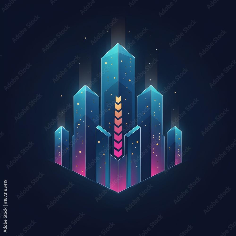 Fototapeta premium Vibrant futuristic cityscape illustration showcases sleek skyscrapers with neon lights at dusk in a modern metropolis.