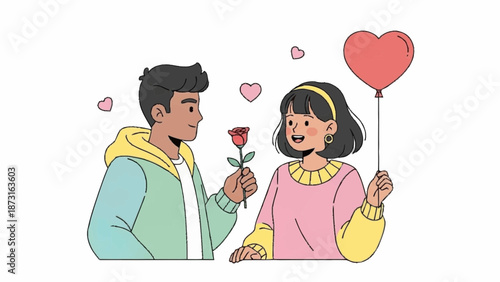 Couple Sharing a Romantic Moment with Rose and Heart Balloon