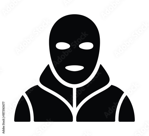 Black and white vector illustration of a masked man in hooded jacket