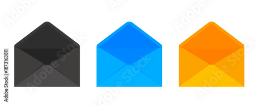 Envelope Icons Set in Black, Blue and Orange Colors On transparent background. Vectors illustration.