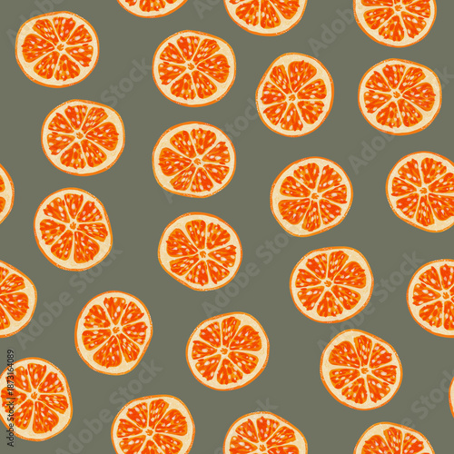 Dense Gouache Orange Slice Seamless Pattern on Eucalyptus Olive Background, Hand-painted Citrus Fruits, Tangerine, Clementine and Mandarin Illustration for Fashion Fabric and Interior Decor